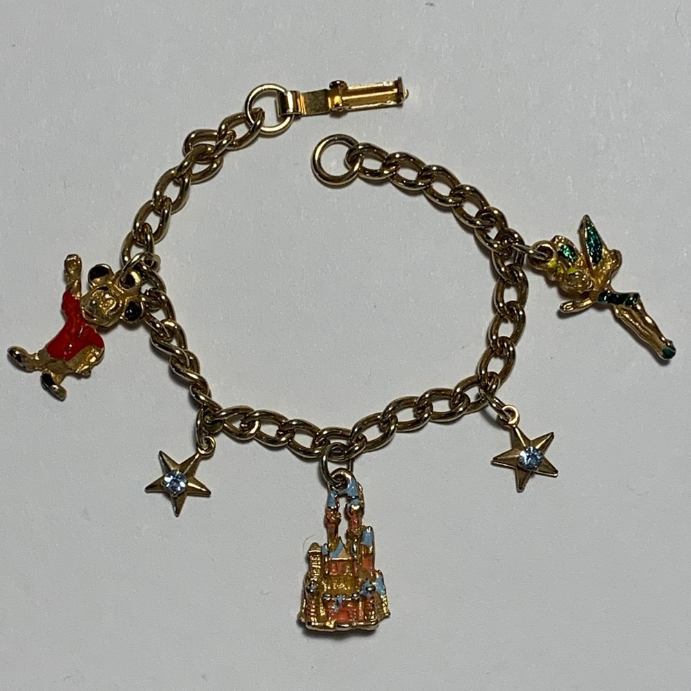 Walt Disney Productions 1970’s Vtg Charm Bracelet Mickey Tinkerbell Gold Tone 6”